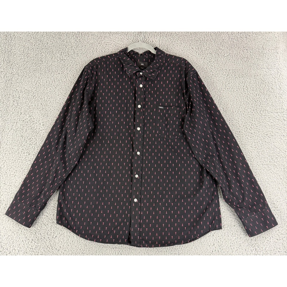 Obey Button Down Shirt Mens XL Black Pink Screw Print Long Sleeve Streetwear